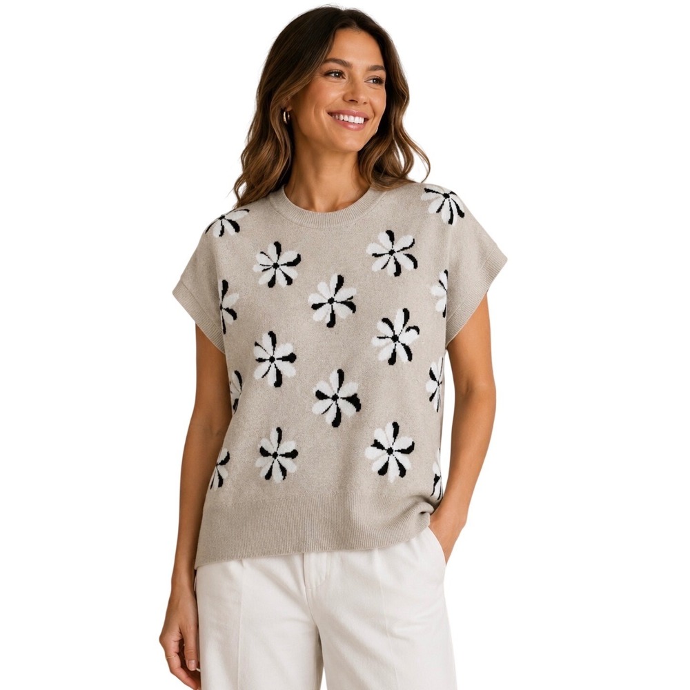 NWT Philosophy Republic Clothing Tan Floral Short Sleeve Sweater Top L